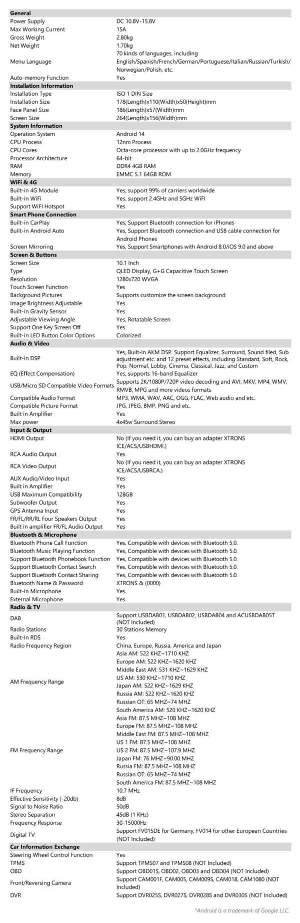 單 DIN | 安卓 14 | 八核 | 4GB 記憶體 & 64GB 儲存空間 |全球 4G LTE 解決方案 | DX121L 