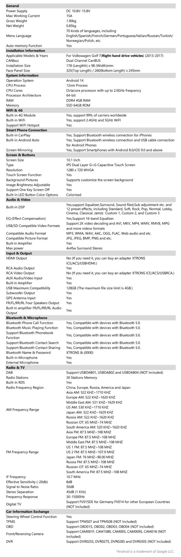 福士汽車 | 安卓 14 | 4GB 記憶體 & 64GB 儲存空間 | 全球 4G LTE 解決方案 | PXP14GFVR