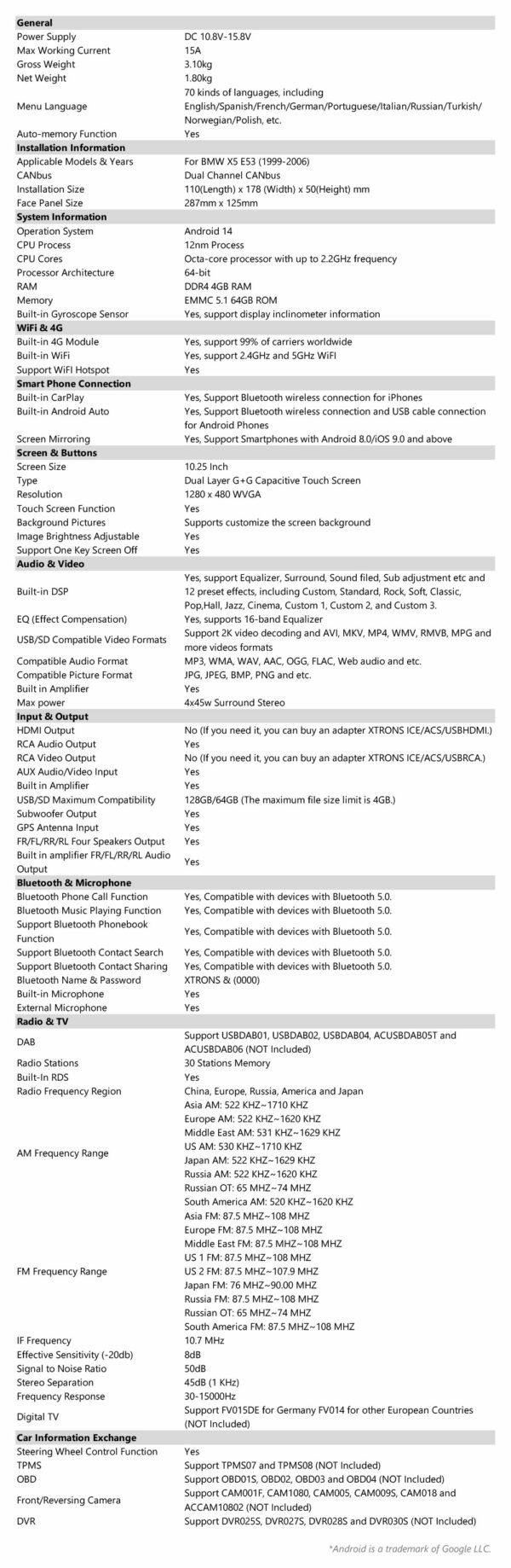 寶馬 | X5 E53 | 安卓 14 | 八核 | 4GB 記憶體 & 64GB 儲存空間 | 全球 4G LTE 解決方案 | PX1453BLHGS