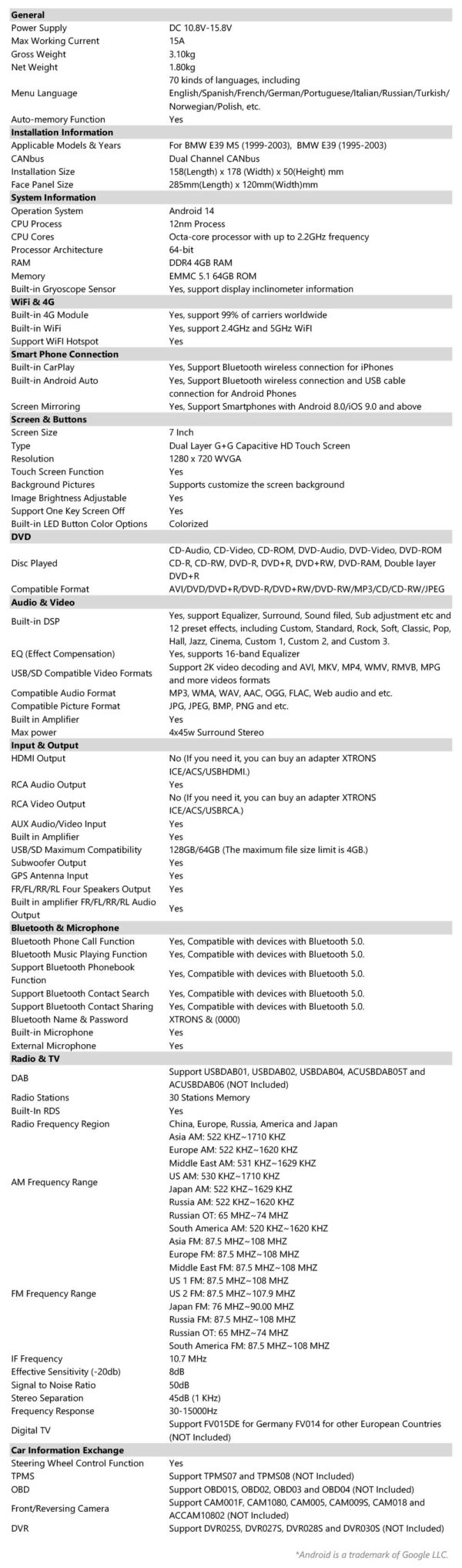寶馬 | E39 系列 | 安卓 14 | 八核 | 4GB 記憶體 & 64GB 儲存空間 | 全球 4G LTE 解決方案 | PX7439BGS