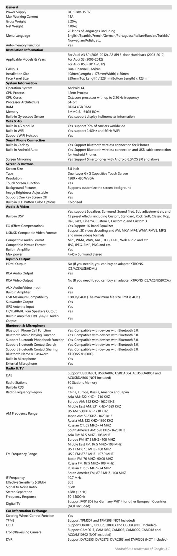 奧迪 A3/S3/RS3 | 安卓 14 | 八核 | 4GB 記憶體 & 64GB 儲存空間 | 全球 4G LTE 解決方案 | PX84AA3LHGS