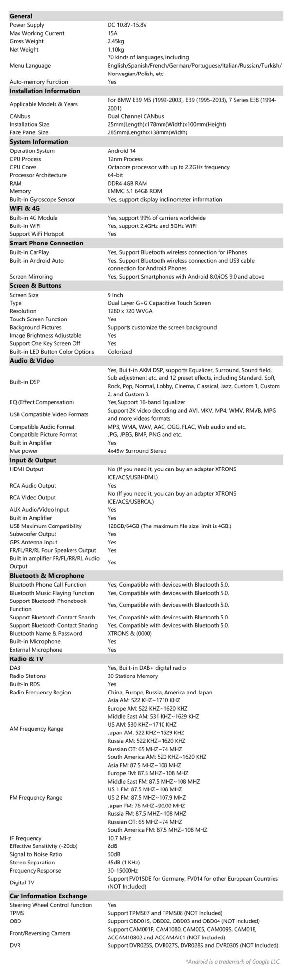 寶馬 E39/E38 |安卓 14 |八核 |4GB RAM & 64GB ROM |全球 4G LTE 解決方案 |PXP9439BGDAB