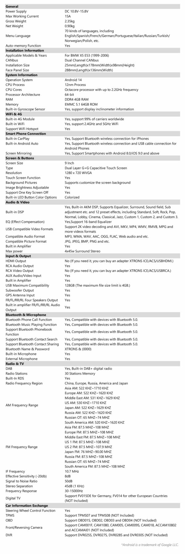 寶馬 X5 E53 | 安卓 14 | 八核 | 4GB 記憶體 & 64GB 儲存空間 | 全球 4G LTE 解決方案 | PXP9453BGDAB